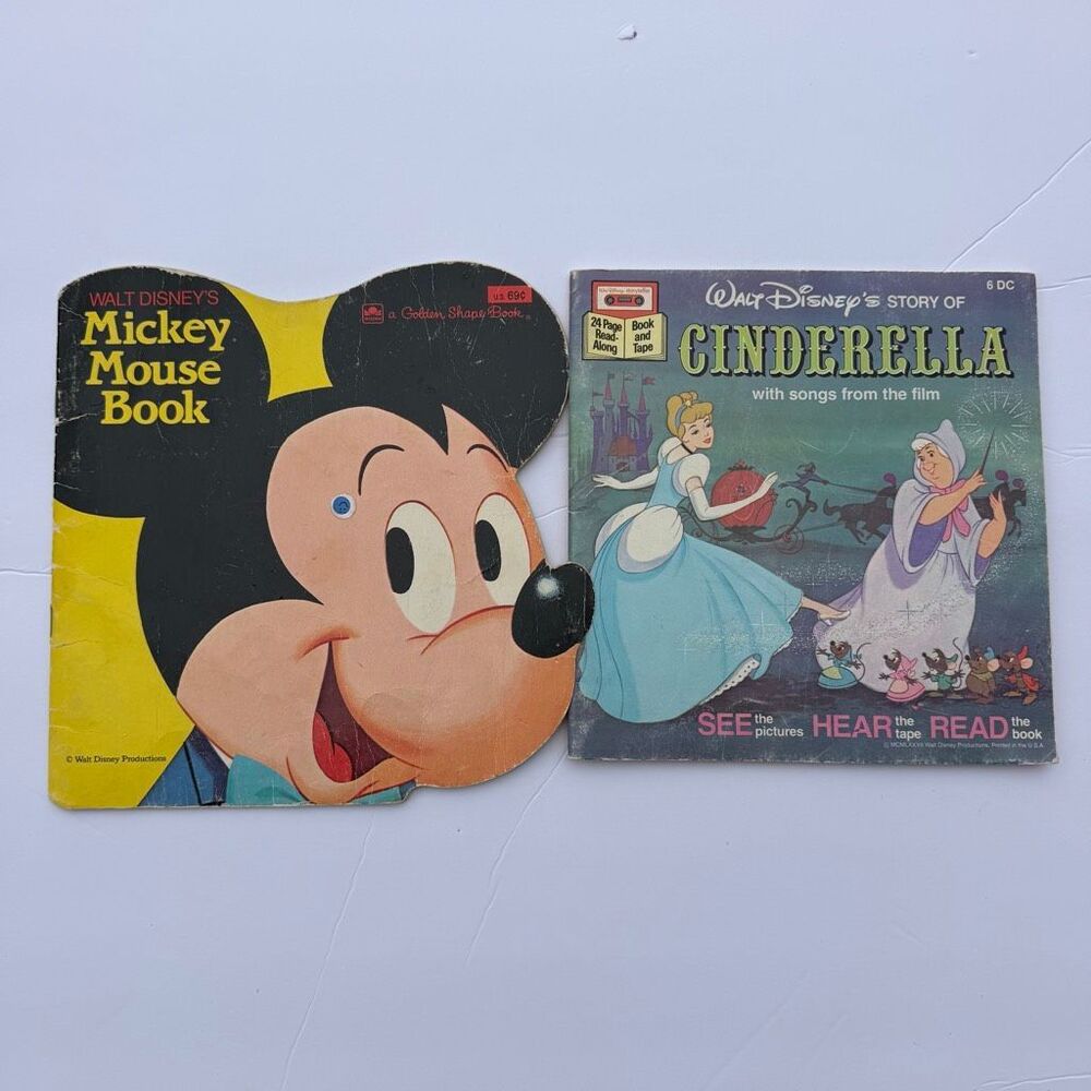 Vintage Disney Mickey Mouse Cinderella Book Lot Retro Media Vintage Nursery